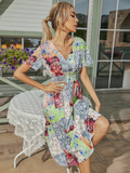 Green Retro Casual V-neck Short-sleeved A-line Beach Long Robe Dress