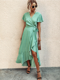 Female Polka Dot Sexy V-neck Ruffle Short-sleeved Beach Vacation Summer Dress