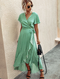 Female Polka Dot Sexy V-neck Ruffle Short-sleeved Beach Vacation Summer Dress