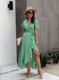 Female Polka Dot Sexy V-neck Ruffle Short-sleeved Beach Vacation Summer Dress