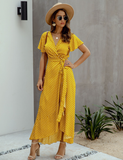Female Polka Dot Sexy V-neck Ruffle Short-sleeved Beach Vacation Summer Dress