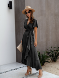 Female Polka Dot Sexy V-neck Ruffle Short-sleeved Beach Vacation Summer Dress