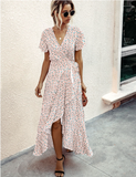 Pink Female Polka Dot Sexy V-neck Ruffle Short-sleeved Beach Vacation Summer Dress