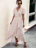 Pink Female Polka Dot Sexy V-neck Ruffle Short-sleeved Beach Vacation Summer Dress