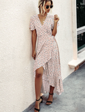 Pink Female Polka Dot Sexy V-neck Ruffle Short-sleeved Beach Vacation Summer Dress