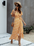 Pink Female Polka Dot Sexy V-neck Ruffle Short-sleeved Beach Vacation Summer Dress