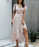 Pink Female Polka Dot Sexy V-neck Ruffle Short-sleeved Beach Vacation Summer Dress