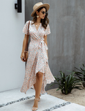 Pink Female Polka Dot Sexy V-neck Ruffle Short-sleeved Beach Vacation Summer Dress