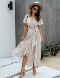 Pink Female Polka Dot Sexy V-neck Ruffle Short-sleeved Beach Vacation Summer Dress