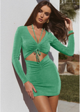 Elegant Casual Ruched Bodycon Summer Women Sexy V Neck Solid Slim Mini Dress