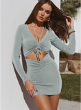 Elegant Casual Ruched Bodycon Summer Women Sexy V Neck Solid Slim Mini Dress