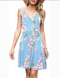 Summer Ladies Fashion New Women Print V-neck Sexy Strap Backless Satin Dress