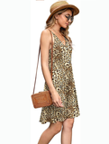 Summer Leopard Print Ladies Fashion New Women Print V-neck Sexy Strap Backless Satin Dress