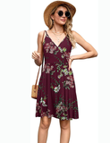 Summer Burgundy Ladies Fashion New Women Print V-neck Sexy Strap Backless Satin Dress