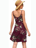 Summer Burgundy Ladies Fashion New Women Print V-neck Sexy Strap Backless Satin Dress
