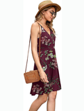 Summer Burgundy Ladies Fashion New Women Print V-neck Sexy Strap Backless Satin Dress