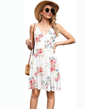 Summer White Ladies Fashion New Women Print V-neck Sexy Strap Backless Satin Dress