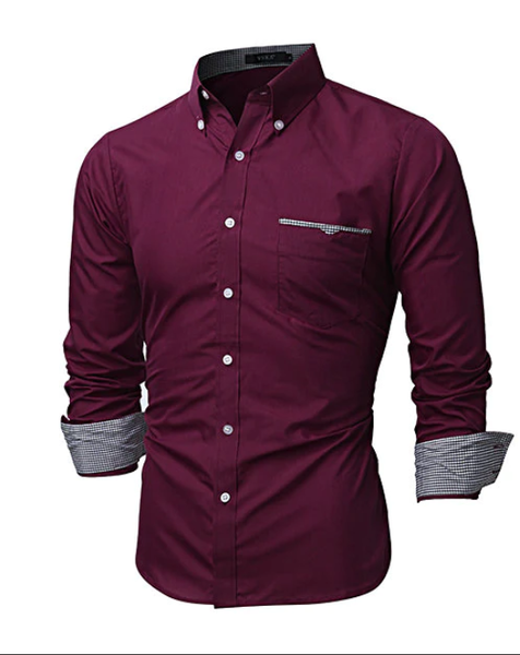 Slim Fit Turn Down Collar Designer Dress Shirt for Men Long Sleeve Patchwork Bust Plaid Pocket