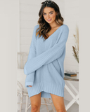 loose V-neck mid-length dress sweater