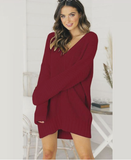 loose V-neck mid-length dress sweater