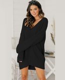 loose V-neck mid-length dress sweater