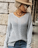 autumn and winter new fashion women's V-neck twist long sleeve gray sweater