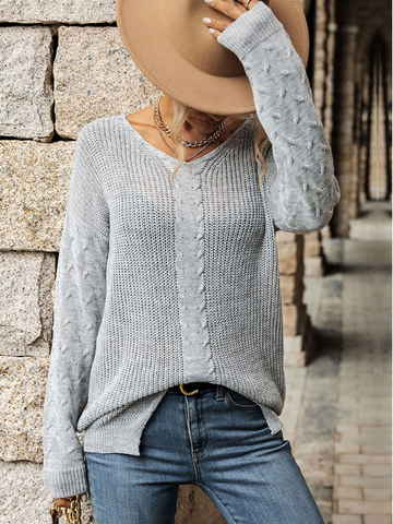 autumn and winter new fashion women's V-neck twist long sleeve gray sweater