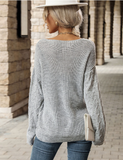 autumn and winter new fashion women's V-neck twist long sleeve gray sweater