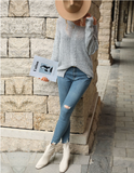 autumn and winter new fashion women's V-neck twist long sleeve gray sweater