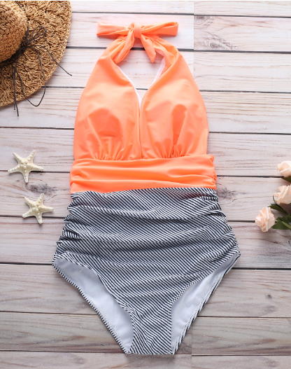 sexy striped deep V-neck one-piece bikini