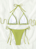 new sexy pleated bikini solid color neck strap sexy split swimsuit