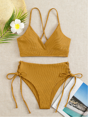 sexy high waist triangle split solid color cross strap bikini