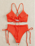 sexy high waist triangle split solid color cross strap bikini