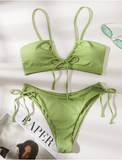 sexy neck drawstring solid color party swimsuit