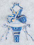 new blue wave pattern neck-hanging cross swimsuit