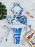 new blue wave pattern neck-hanging cross swimsuit