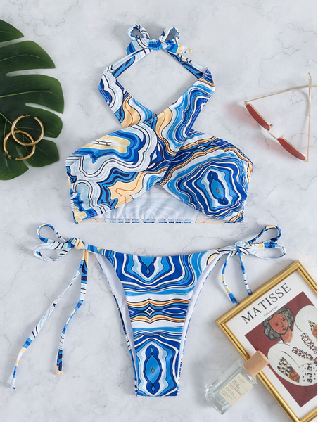 new blue wave pattern neck-hanging cross swimsuit