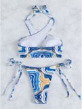 new blue wave pattern neck-hanging cross swimsuit