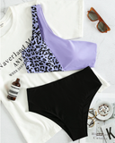 multicolor one-shoulder leopard triangle split sexy contrast bikini