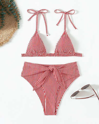 sexy multicolor striped lace strap high waist waist split bikini
