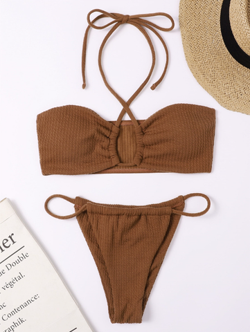 three-point sexy solid color hanging neck high waist split swimsuit bikini