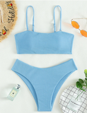 new solid blue thin shoulder strap tube top high waist sexy bikini