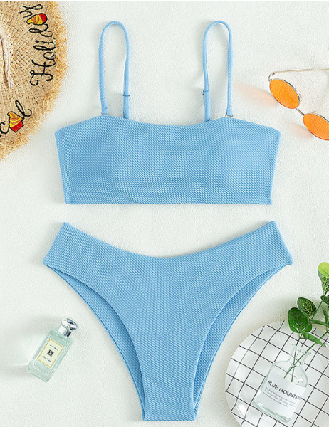 new solid blue thin shoulder strap tube top high waist sexy bikini