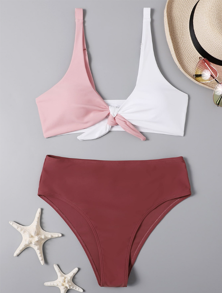 tri-color split bikini with chest opening strap