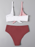 tri-color split bikini with chest opening strap