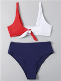 tri-color split bikini with chest opening strap