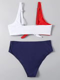 tri-color split bikini with chest opening strap