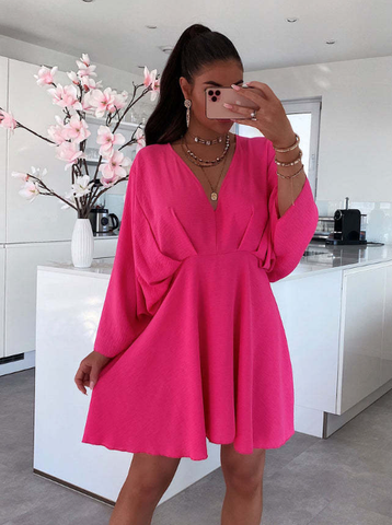 Fashion V Neck Waist Pleated Commuter Dress Casual Waist Loose A-Line Dresses
