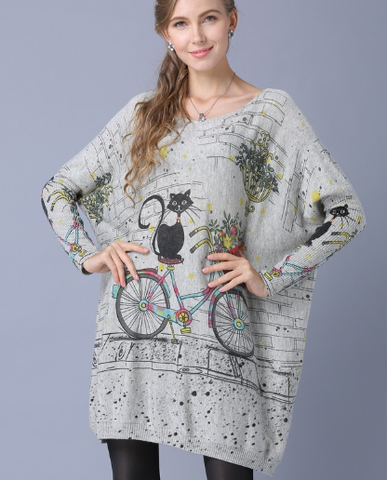 word collar bicycle cat print long sleeve pullover sweater knit bottoming shirt