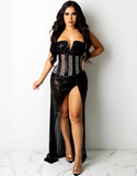 SEXY SHOULDER STRAPLESS MESH SEQUIN PARTY DRESS